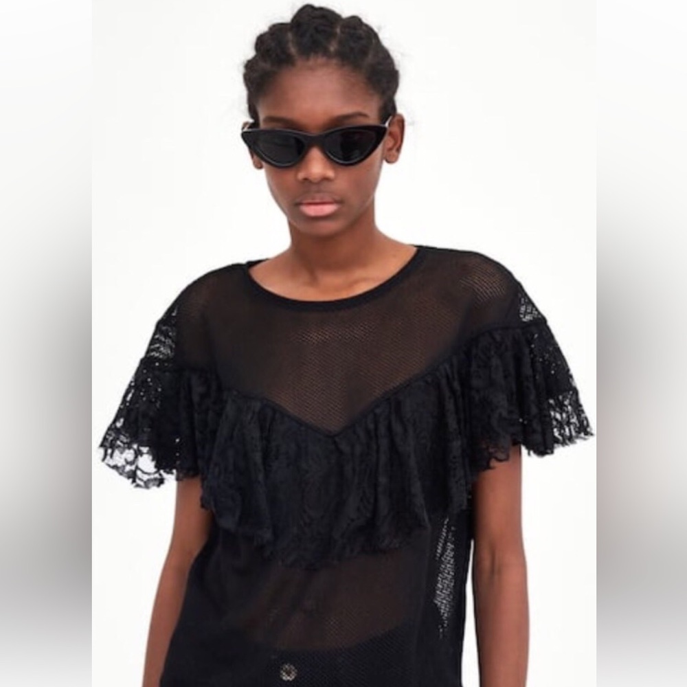 #74 Gaea Los Angeles Black Sheer Flutter Sleeve Blouse with Mandarin Collar NWOT